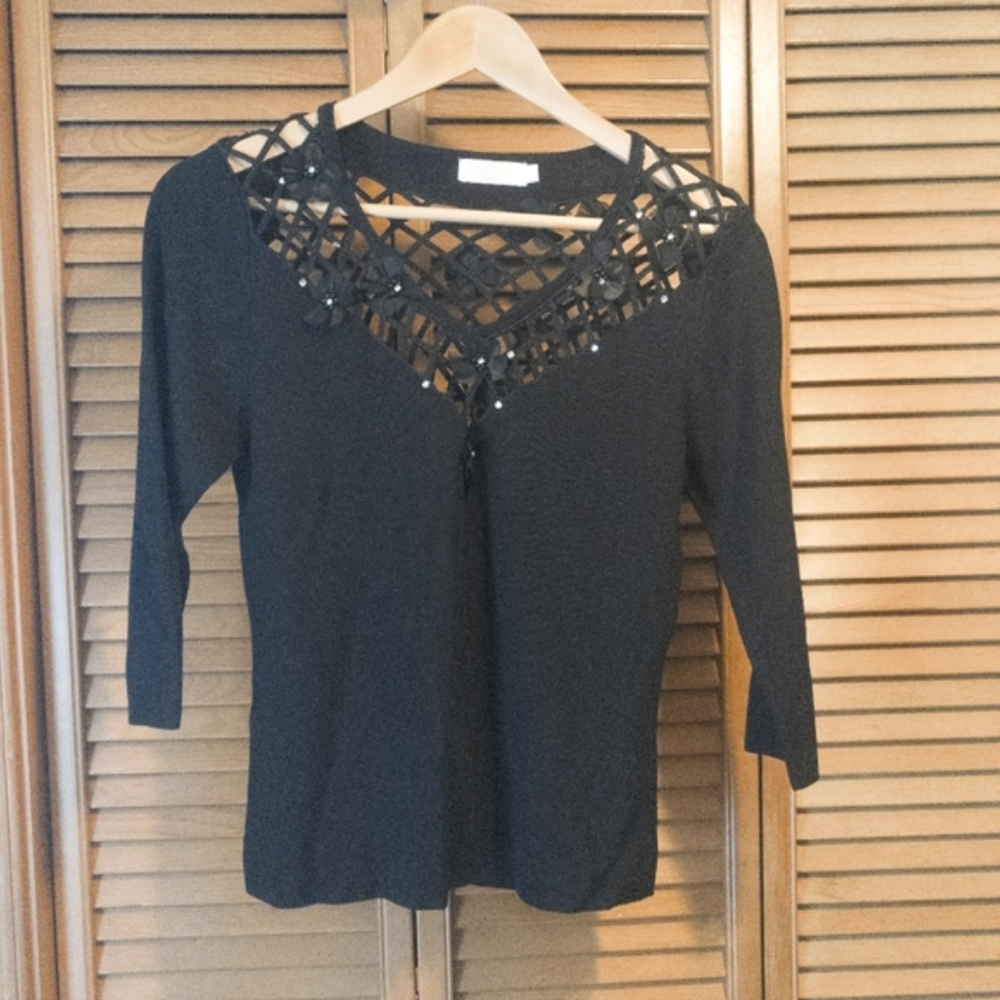 Red Coral Silk Blend Black Top with 3D Floral Details and Net